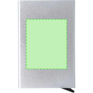 A silver Harbanix card holder with a smooth surface and a placeholder area for custom branding.