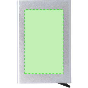 A silver business card holder featuring a blank green area and a logo at the top, designed for office and business use.