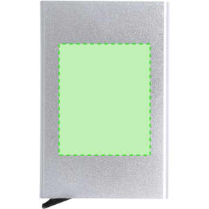 A silver business card holder with a sleek design and a spot for branding.
