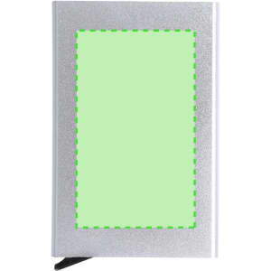 A silver business card holder with a green outline area for card display. It features a simple, sleek design.