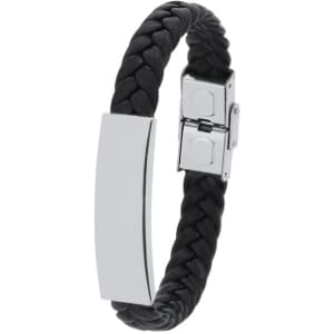 A black braided bracelet with a metallic clasp and a silver accent plate. It features a simple, stylish design.