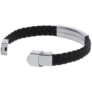 A braided black bracelet with silver metal clasps and accents, featuring a sleek, modern design.