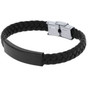 A braided black leather bracelet featuring a sleek metallic clasp. The bracelet has a minimalist design.