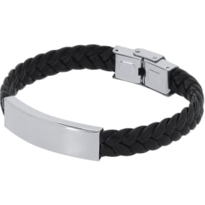 A braided black bracelet featuring a silver, flat metal plaque and a clasp closure. The bracelet has a sleek design.