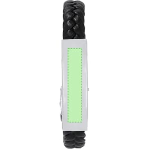 A black braided bracelet featuring a rectangular silver panel for customisation. The bracelet has a sleek design and logo.