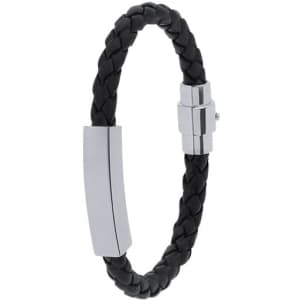 A black braided leather bracelet with a silver clasp and an accent piece. It features a branding logo.