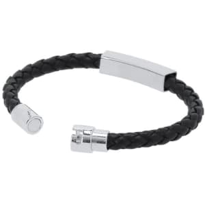 A black braided bracelet with silver accents and a clasp. It features a sleek, minimalist design.