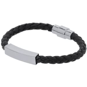 A black braided bracelet featuring a shiny silver clasp and a rectangular metallic accent.