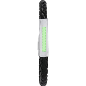 A black braided bracelet with a metallic clasp featuring a green accent panel. The bracelet has a sleek, minimalist design.