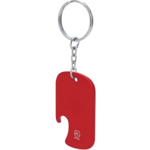 A drink bottle opener keyring in red with a keychain attachment, featuring a simple design and a logo.