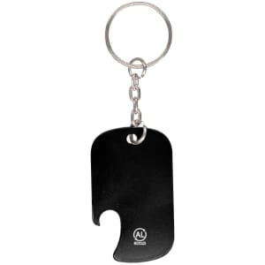 A drink bottle opener keyring in black, featuring a simple, sleek design and a metal keyring attachment.