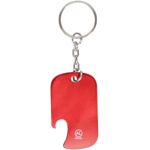 A drink bottle opener keyring in bright red, featuring a circular keyring attachment and a small logo.