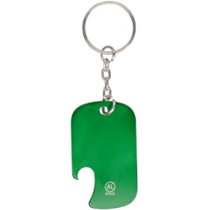 A green bottle opener keyring with a circular ring and a logo on the surface.