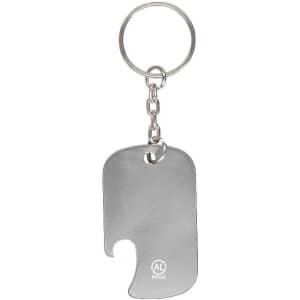 A drink bottle opener keyring in silver metal with a keyring attachment and a branding logo.
