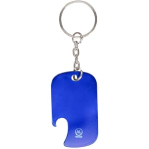 A drink bottle opener keyring in blue with a sleek design and a metal keyring attachment. Features a logo.