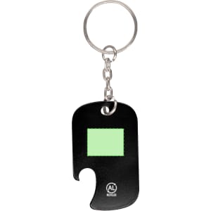 A black keyring bottle opener with a green rectangular feature and a keyring attachment. It includes a logo.