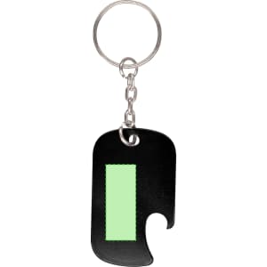 A drink bottle opener keyring in black with a green accent, featuring a metallic keyring attachment.