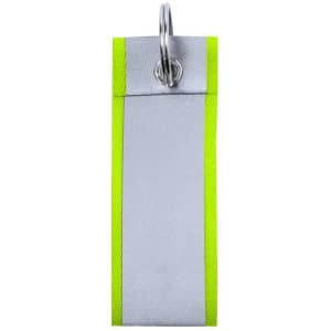 A silver keyring with a bright green accent and a circular metal attachment at the top.