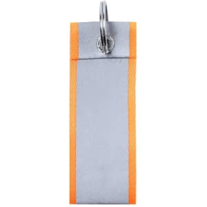 A grey and orange keyring featuring a metal ring for attachment, designed for promotional use.
