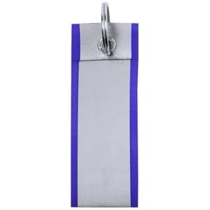 A rectangular keyring with a silver body and purple border, featuring a metal loop attachment.
