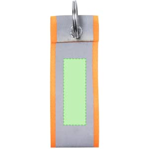A grey keyring with orange trim and a blank green area, featuring a metal ring for attachment.