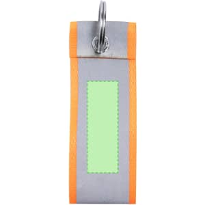 A grey keyring with an orange trim, featuring a blank green section and a metal ring for attachment.