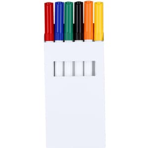A set of six markers in red, green, blue, black, orange, and yellow, displayed in a white holder.