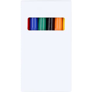 A box containing eight markers in various colours: red, green, blue, black, yellow, and orange. The box has a logo.