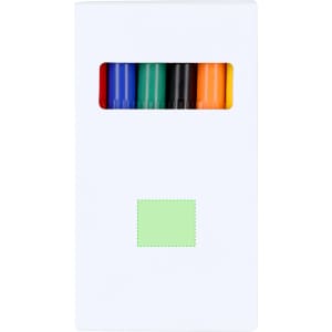 A marker set in a white box featuring blue, green, black, orange, and yellow markers, with a logo on the packaging.