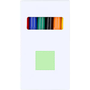 A box containing a set of markers in blue, green, black, orange, and yellow, with a logo on the packaging.