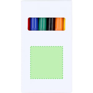 A marker set featuring black, blue, green, orange, and yellow markers in a white box with a logo.