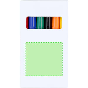 A box containing a set of six markers in green, black, blue, red, orange, and yellow. The box has a logo.
