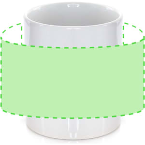 A white ceramic mug with a smooth finish, featuring a blank green space for custom designs.