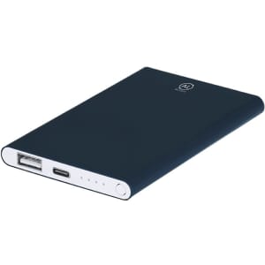 A dark blue power bank with a white trim, featuring a USB port and a USB-C port, along with an indicator light.