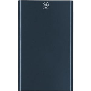 A dark blue power bank with a sleek design and a logo on the front, featuring a recycled materials badge.