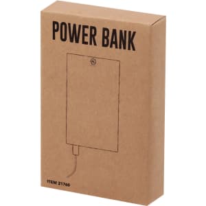 A power bank in a brown cardboard box, featuring a simple design and a logo on the front.