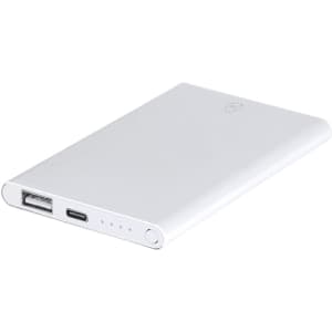 A white power bank with a USB port and a USB-C input, featuring a small set of indicator lights and a logo.