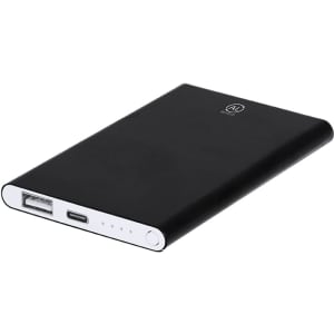 A black power bank with a USB and USB-C port, featuring indicator lights and a logo.