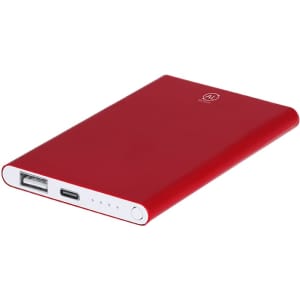 A red power bank featuring USB ports and a logo, designed for charging mobile devices.