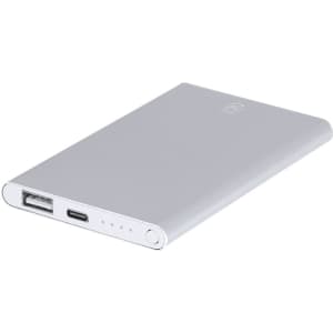 A silver power bank with a USB and USB-C port, featuring an indicator light and a subtle logo.