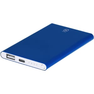 A blue power bank with a USB output and a USB-C input, featuring a small logo on the surface.