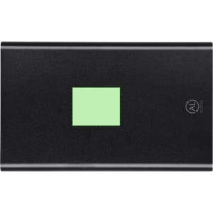 A black power bank featuring a green square element and a logo. Suitable for charging devices on the go.
