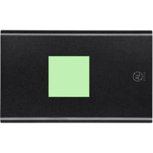 A black power bank with a square green indicator. It features a logo on the surface.