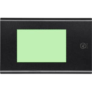 A black power bank with a rectangular green display and a logo. Ideal for charging devices on the go.