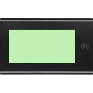 A black power bank with a green display area and a logo on the surface.