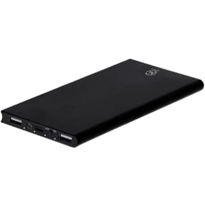 A sleek black power bank with multiple USB ports and a logo on one side.