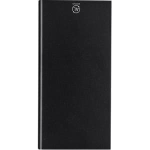 A rectangular black power bank with a subtle texture and a logo on its surface.