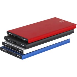 A set of four power banks in red, black, blue, and white, featuring multiple ports and designs.