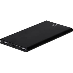 A black power bank with multiple ports and a logo, designed for charging devices on the go.