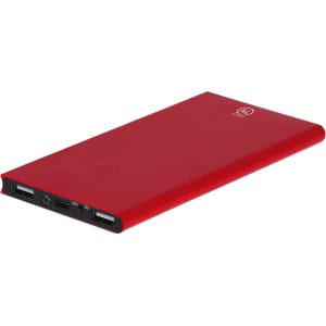 A red power bank with multiple ports and a logo, designed for charging devices on the go.